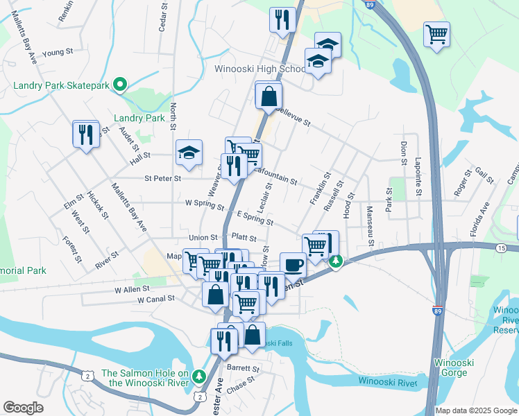 map of restaurants, bars, coffee shops, grocery stores, and more near 26 East Spring Street in Winooski