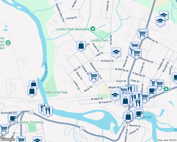map of restaurants, bars, coffee shops, grocery stores, and more near 118 Hickok Street in Winooski
