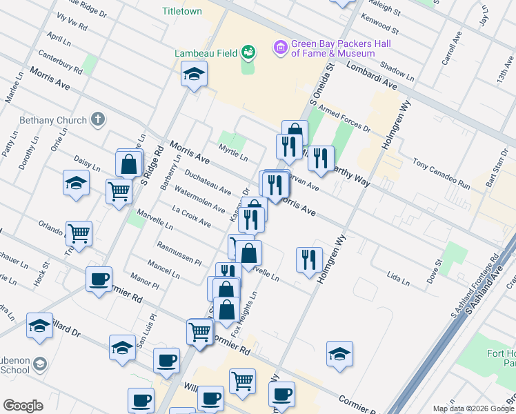 map of restaurants, bars, coffee shops, grocery stores, and more near 2122 South Oneida Street in Green Bay