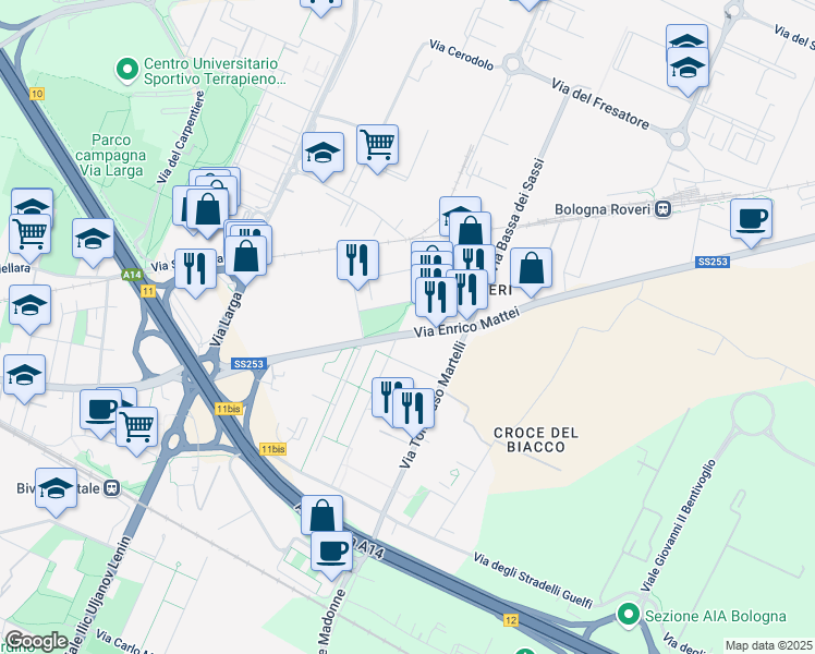 map of restaurants, bars, coffee shops, grocery stores, and more near 18 Via Enrico Mattei in Bologna