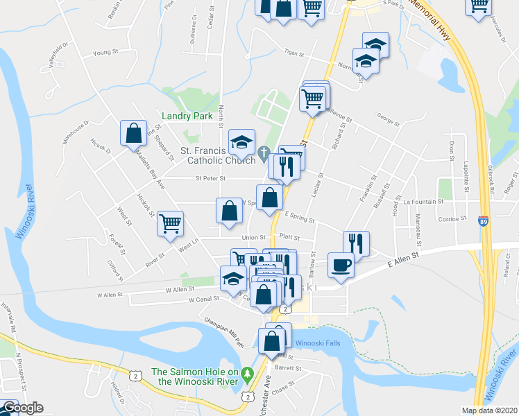 map of restaurants, bars, coffee shops, grocery stores, and more near 26 West Spring Street in Winooski
