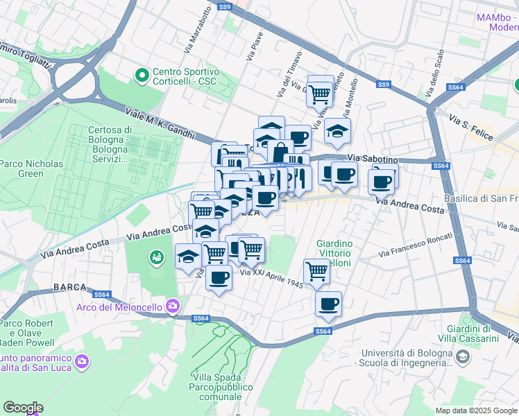 map of restaurants, bars, coffee shops, grocery stores, and more near 6 Via Giovanni Paolo Martini in Bologna