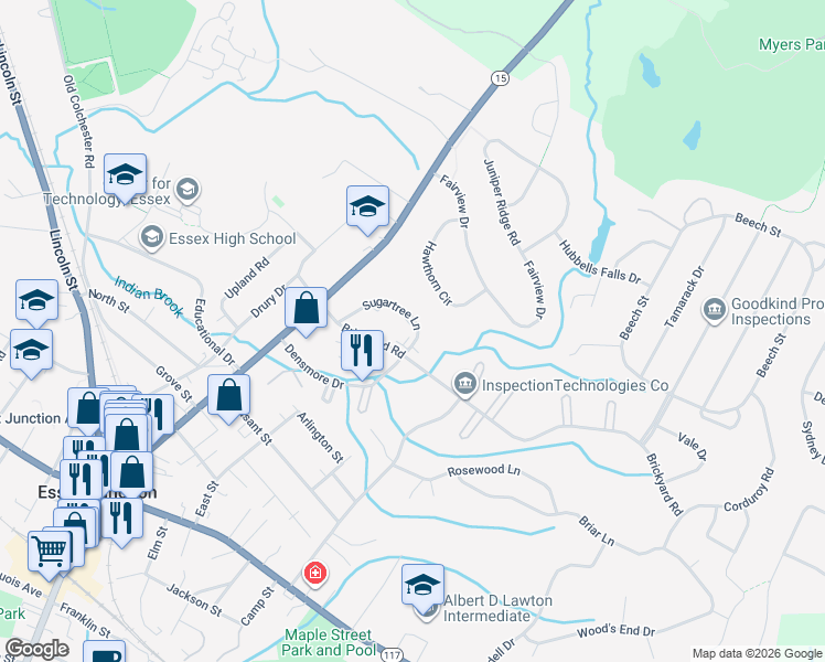map of restaurants, bars, coffee shops, grocery stores, and more near 13 Sugartree Lane in Essex