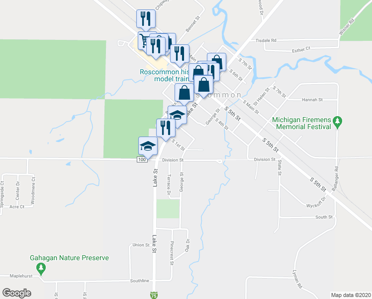 map of restaurants, bars, coffee shops, grocery stores, and more near 101 Whisper Ridge Drive in Roscommon