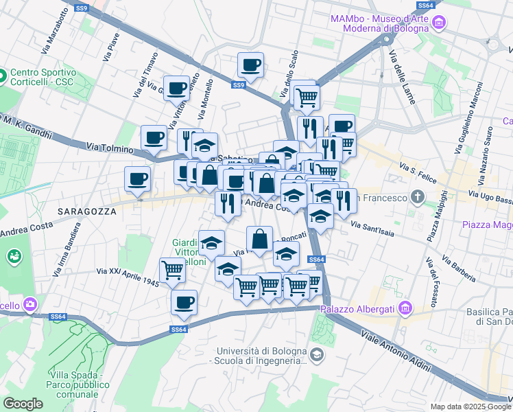 map of restaurants, bars, coffee shops, grocery stores, and more near 9-17 Via Alessandro Guidotti in Bologna