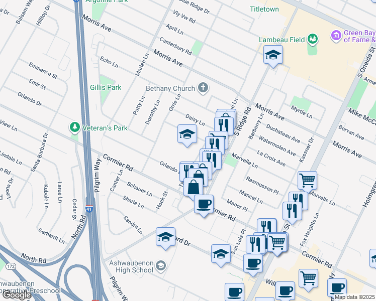 map of restaurants, bars, coffee shops, grocery stores, and more near 2200 True Lane in Green Bay