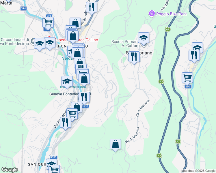 map of restaurants, bars, coffee shops, grocery stores, and more near 1 Via Domenico Carli in Genova