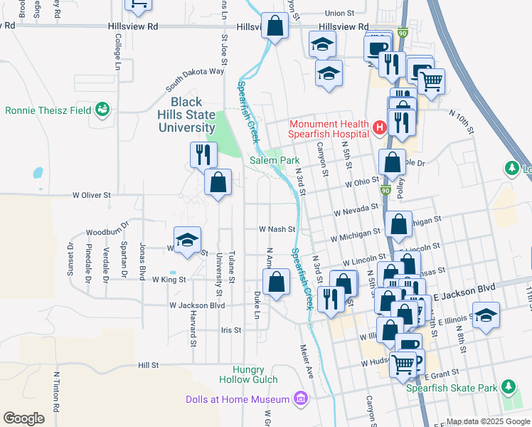 map of restaurants, bars, coffee shops, grocery stores, and more near 1101 North Ames Street in Spearfish