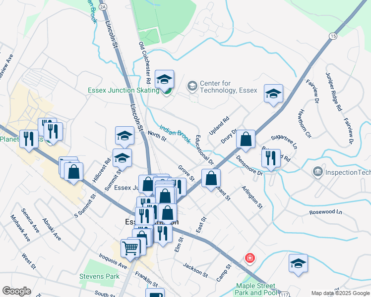 map of restaurants, bars, coffee shops, grocery stores, and more near 16 North Street in Essex