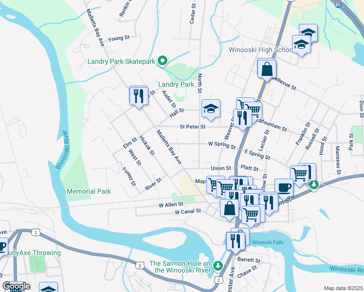 map of restaurants, bars, coffee shops, grocery stores, and more near 99 Malletts Bay Avenue in Winooski