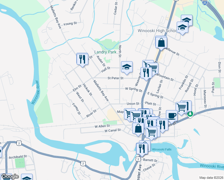 map of restaurants, bars, coffee shops, grocery stores, and more near 99 Malletts Bay Avenue in Winooski