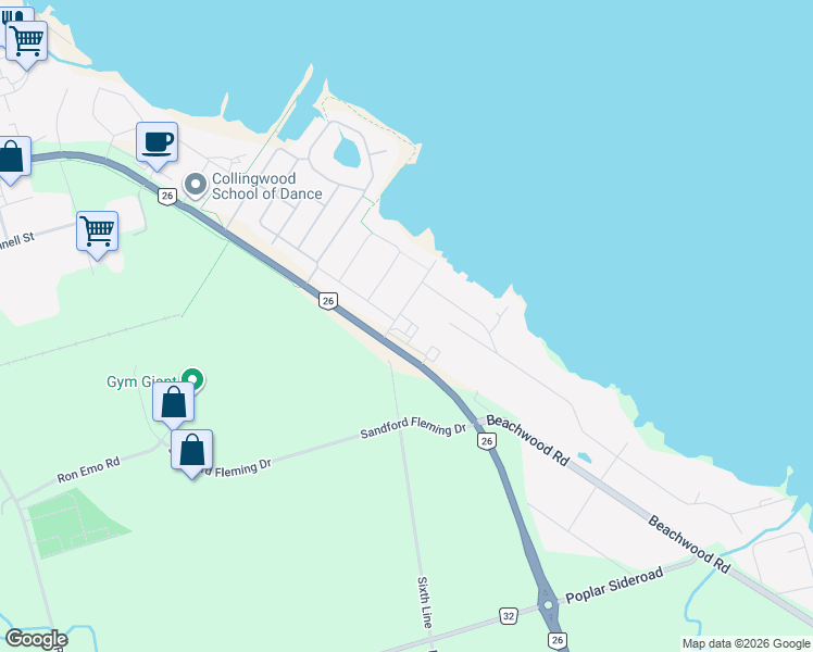 map of restaurants, bars, coffee shops, grocery stores, and more near Highway 26 East in Collingwood