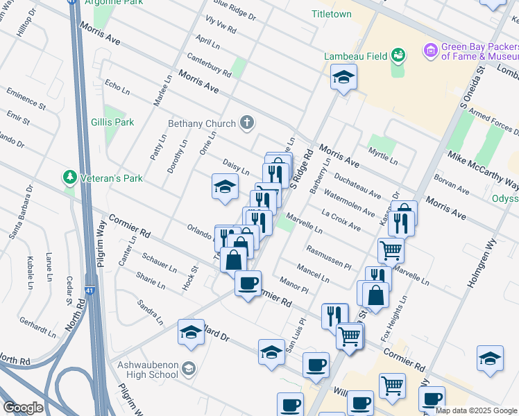 map of restaurants, bars, coffee shops, grocery stores, and more near 1045 Marvelle Lane in Green Bay