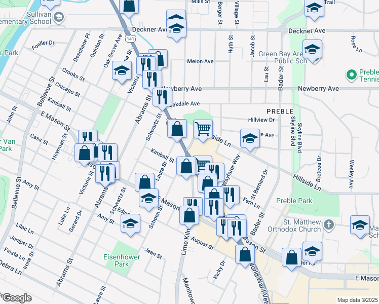 map of restaurants, bars, coffee shops, grocery stores, and more near 1812 Main Street in Green Bay