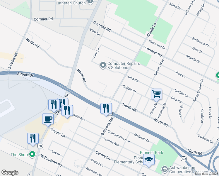 map of restaurants, bars, coffee shops, grocery stores, and more near 2460 Shady Lane in Green Bay