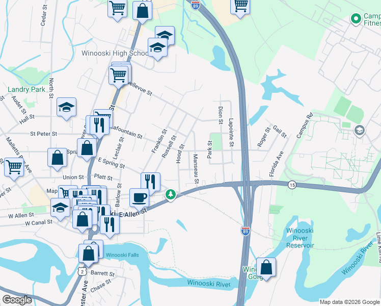 map of restaurants, bars, coffee shops, grocery stores, and more near 51 Manseau Street in Winooski