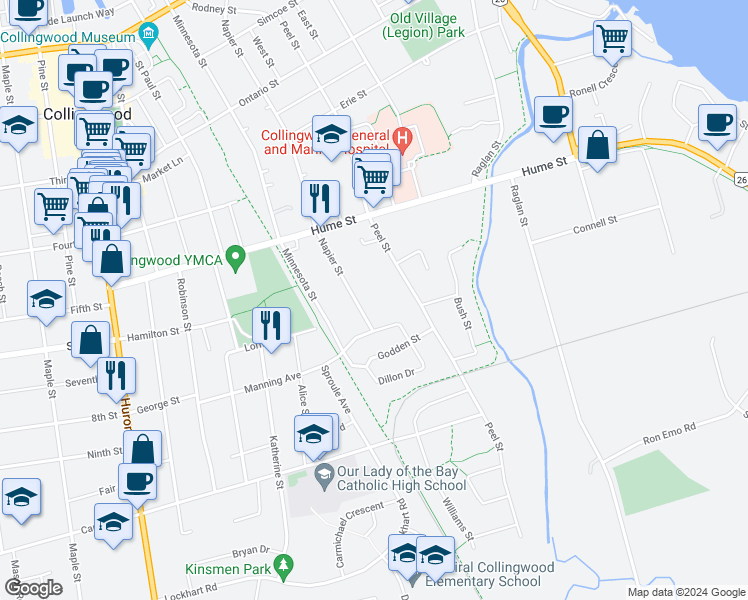 map of restaurants, bars, coffee shops, grocery stores, and more near 489 Napier Street in Collingwood