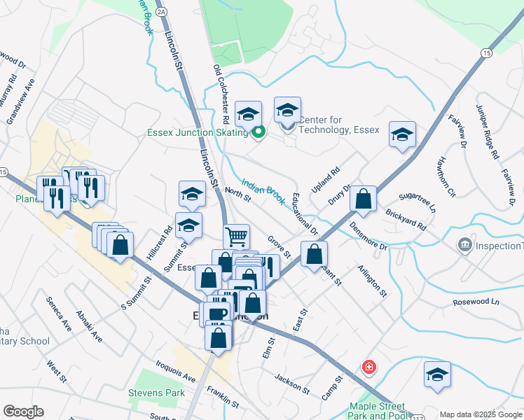 map of restaurants, bars, coffee shops, grocery stores, and more near 30 Grove Street in Essex