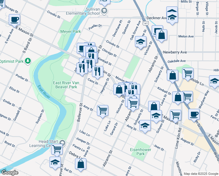 map of restaurants, bars, coffee shops, grocery stores, and more near 1640 Cass Street in Green Bay