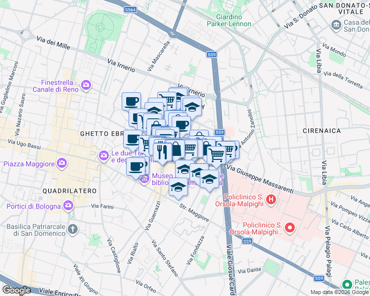 map of restaurants, bars, coffee shops, grocery stores, and more near 5 Via Sant'Apollonia in Bologna
