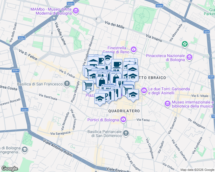 map of restaurants, bars, coffee shops, grocery stores, and more near 2A Via Ugo Bassi in Bologna
