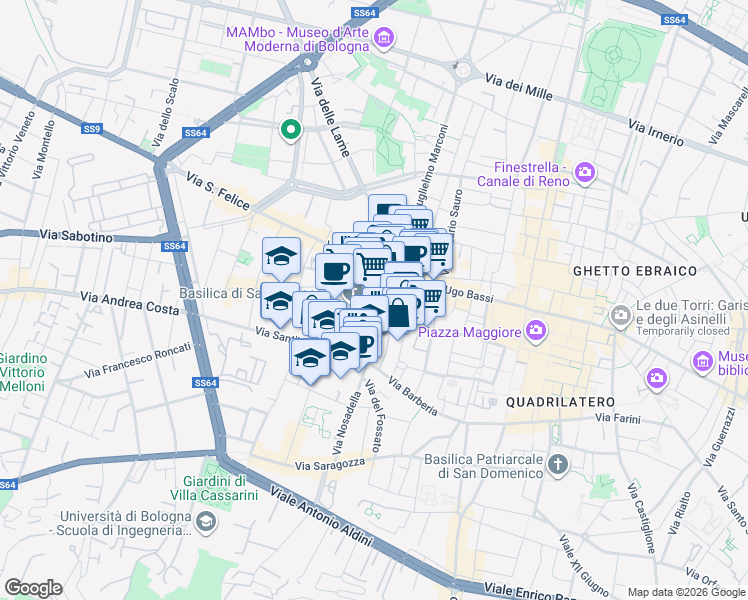 map of restaurants, bars, coffee shops, grocery stores, and more near 14 Piazza San Francesco in Bologna