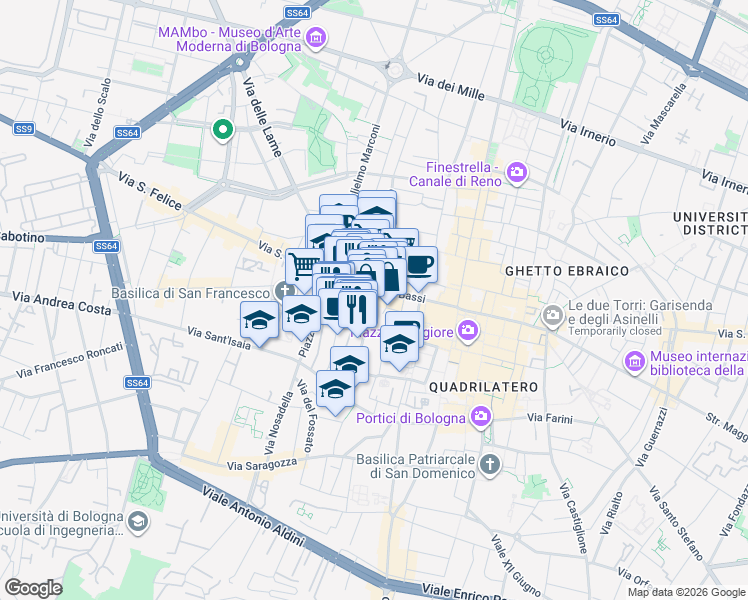 map of restaurants, bars, coffee shops, grocery stores, and more near 2 Via Cesare Battisti in Bologna
