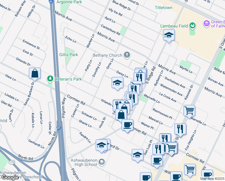 map of restaurants, bars, coffee shops, grocery stores, and more near 1106 Orlando Drive in Green Bay