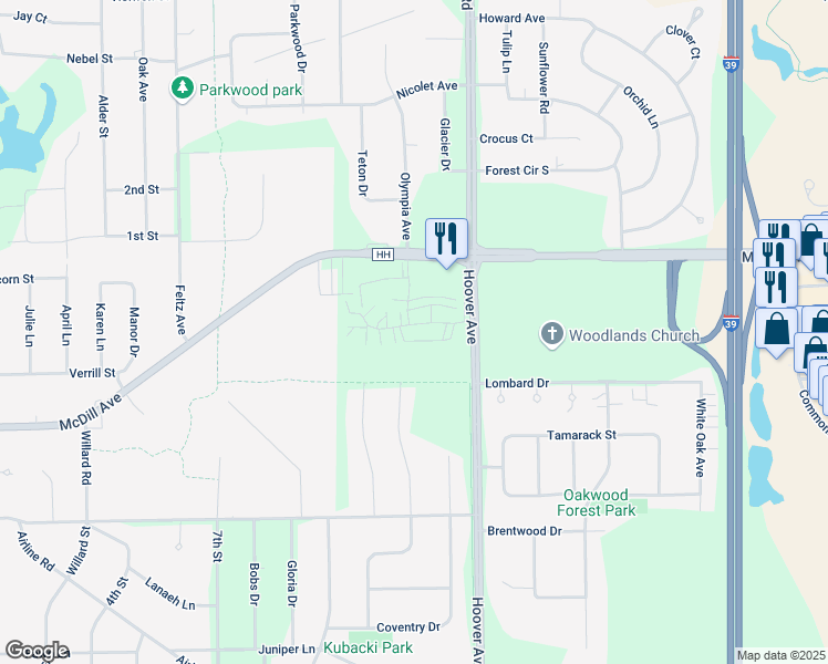 map of restaurants, bars, coffee shops, grocery stores, and more near 2020 Windsor Court in Plover