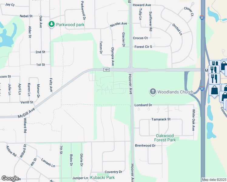map of restaurants, bars, coffee shops, grocery stores, and more near 2020 Windsor Court in Plover