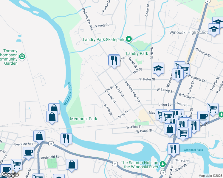 map of restaurants, bars, coffee shops, grocery stores, and more near 54 Elm Street in Winooski