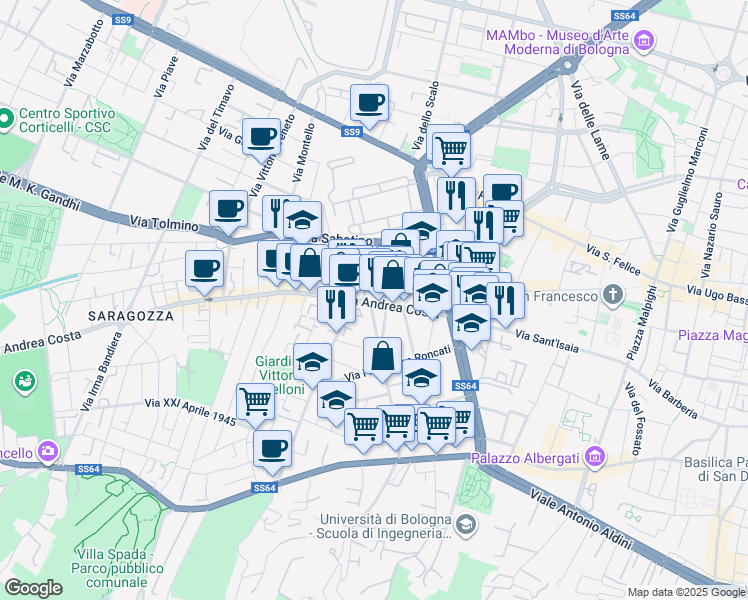 map of restaurants, bars, coffee shops, grocery stores, and more near 17 Via Alessandro Guidotti in Bologna