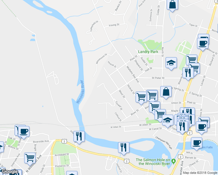 map of restaurants, bars, coffee shops, grocery stores, and more near 87 Elm St in Winooski