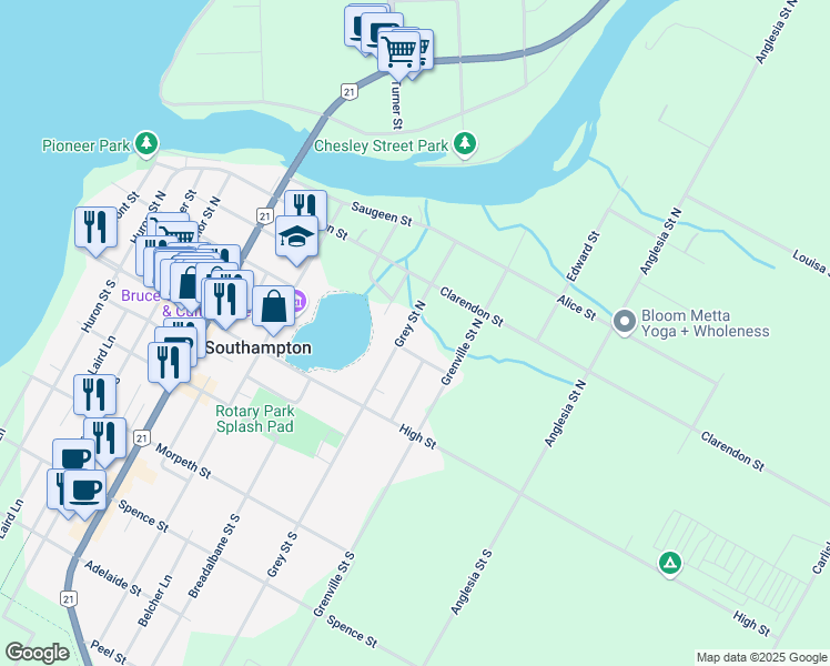 map of restaurants, bars, coffee shops, grocery stores, and more near 63 Grey Street North in Southampton