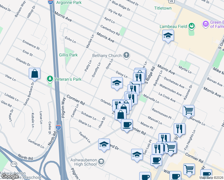 map of restaurants, bars, coffee shops, grocery stores, and more near 2200 True Lane in Green Bay