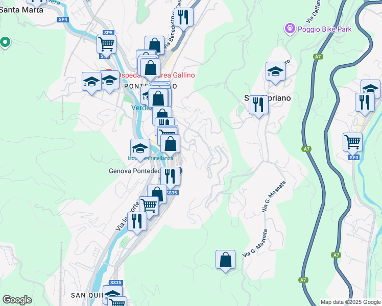 map of restaurants, bars, coffee shops, grocery stores, and more near 9 Salita Serra Riccò in Genova