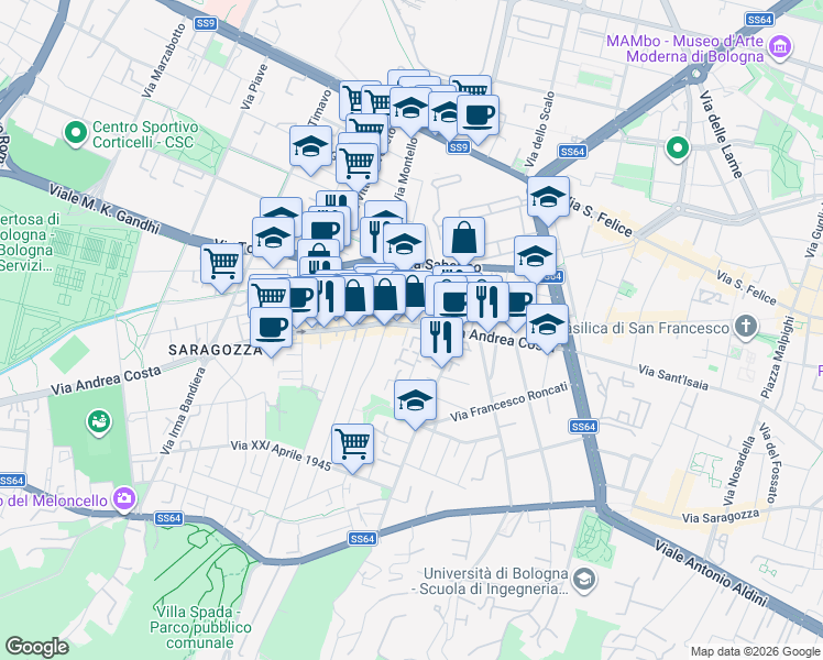 map of restaurants, bars, coffee shops, grocery stores, and more near 62-68 Via Andrea Costa in Bologna