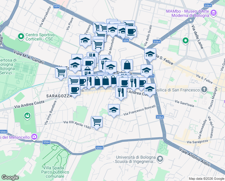 map of restaurants, bars, coffee shops, grocery stores, and more near 62-68 Via Andrea Costa in Bologna