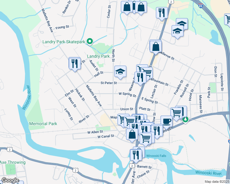 map of restaurants, bars, coffee shops, grocery stores, and more near 66 Saint Peter Street in Winooski