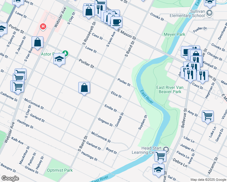 map of restaurants, bars, coffee shops, grocery stores, and more near 913 South Baird Street in Green Bay