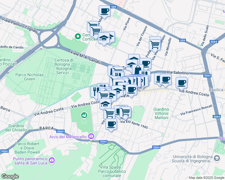 map of restaurants, bars, coffee shops, grocery stores, and more near 23-33 Via Valdossola in Bologna