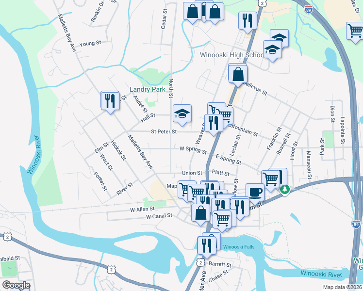 map of restaurants, bars, coffee shops, grocery stores, and more near 66 Saint Peter Street in Winooski