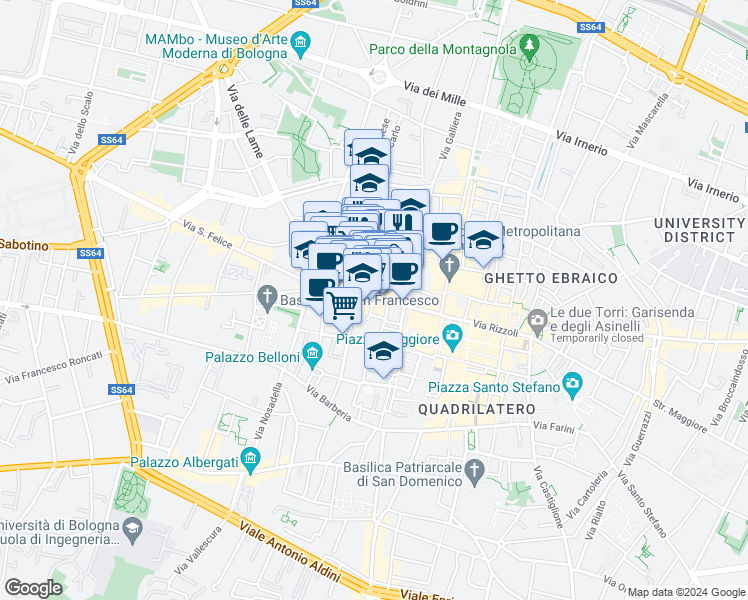 map of restaurants, bars, coffee shops, grocery stores, and more near 11/c Via Monte Grappa in Bologna