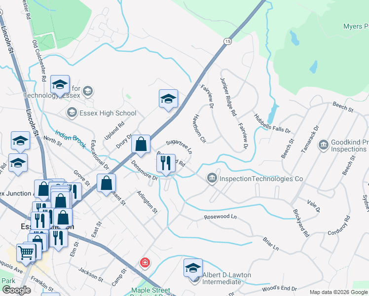 map of restaurants, bars, coffee shops, grocery stores, and more near 13 Sugartree Lane in Essex