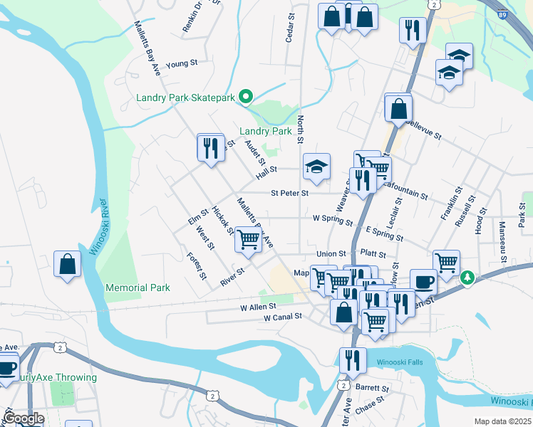 map of restaurants, bars, coffee shops, grocery stores, and more near 135 West Spring Street in Winooski