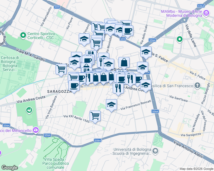 map of restaurants, bars, coffee shops, grocery stores, and more near 68 Via Andrea Costa in Bologna