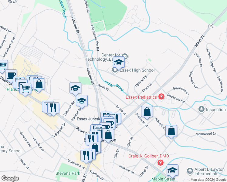 map of restaurants, bars, coffee shops, grocery stores, and more near 41 North Street in Essex