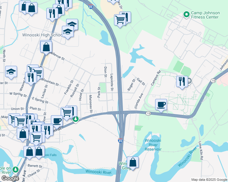map of restaurants, bars, coffee shops, grocery stores, and more near 17 Lapointe Street in Winooski
