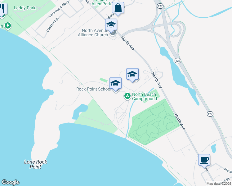 map of restaurants, bars, coffee shops, grocery stores, and more near 1 Rock Point Rd in Burlington