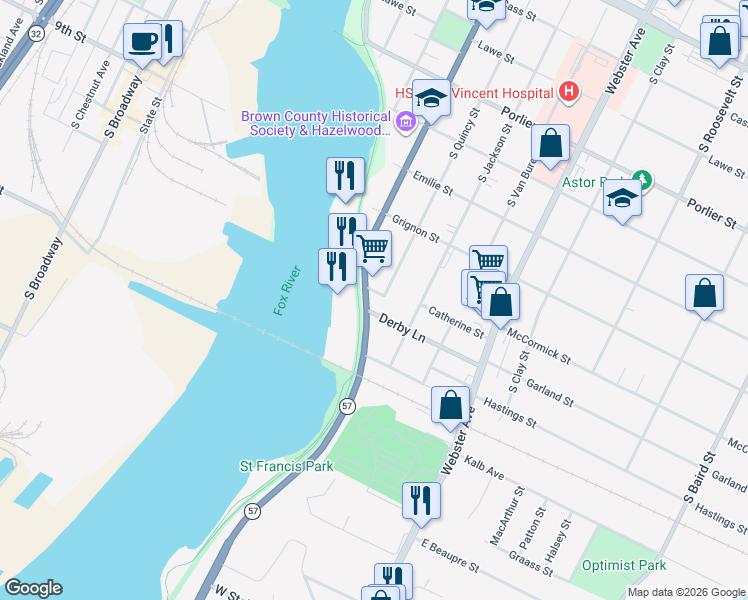 map of restaurants, bars, coffee shops, grocery stores, and more near 1200 Marine Street in Green Bay